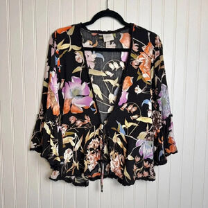 Knox Rose Black Floral Bell Sleeve Tie Front Kimono XS M29
